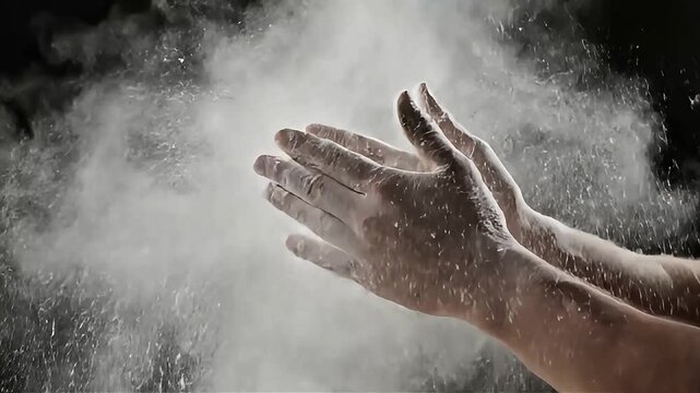 Slow motion close up footage of strong hands clapping with white chalk powder creating a dramatic dust cloud against a dark background