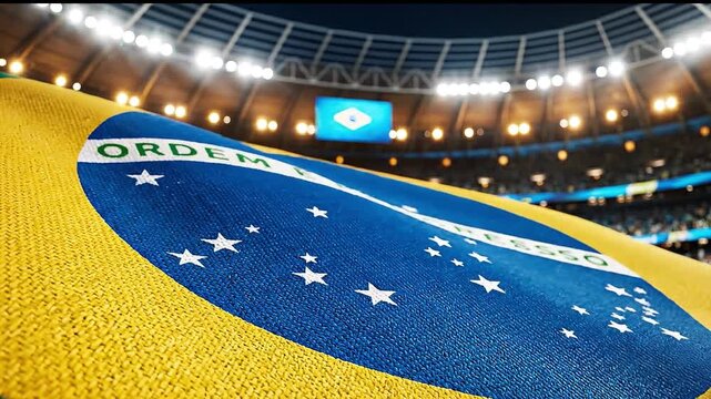 A Brazilian flag waving in a stadium during the World Cup.