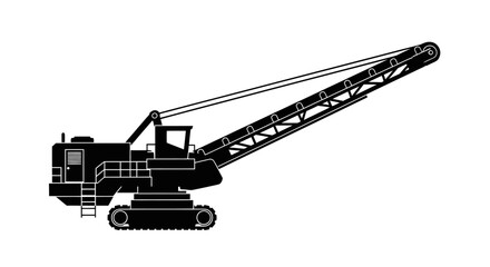 Silhouette of a large, industrial crawler crane with a long boom, used for heavy lifting and construction projects. © sugih55