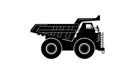 A black and white silhouette of a large mining dump truck, also known as a haul truck, used in construction and mining operations. © sugih55