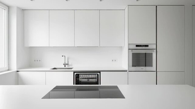 Modern kitchen interior with sleek white cabinets and countertops in a bright and airy room with large windows