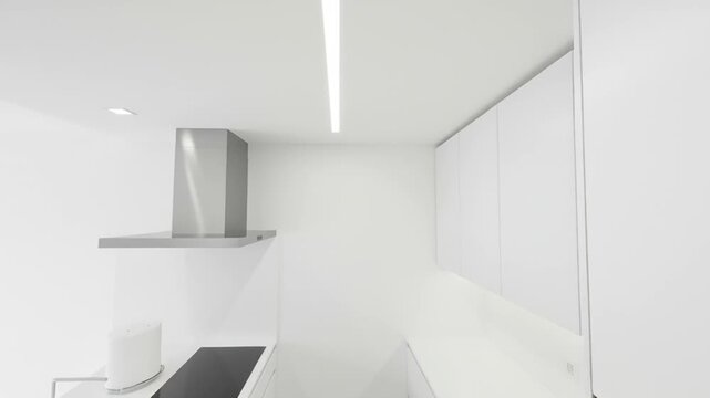 Modern kitchen interior with sleek appliances and minimalist design elements in a bright white color scheme for a clean and sophisticated look