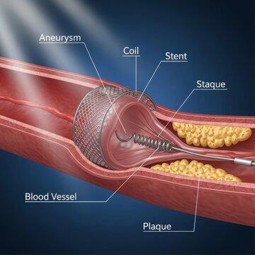 Illustration of aneurysm treatment with coil and stent