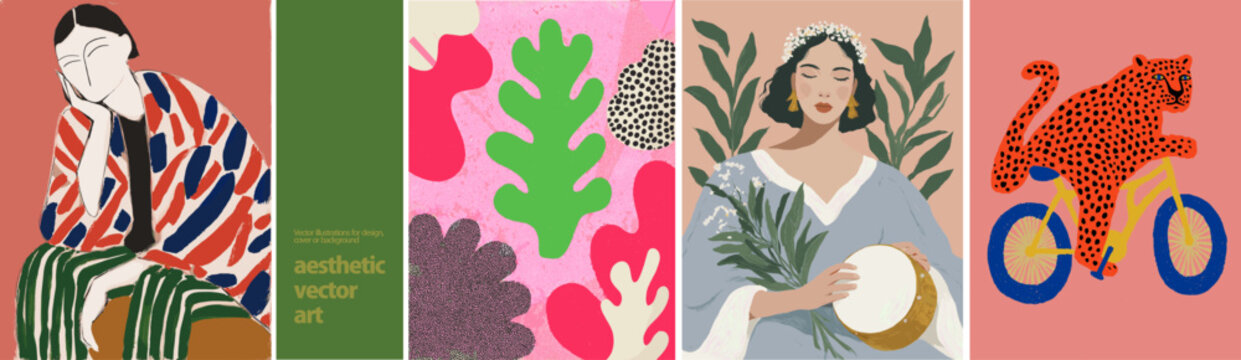 Aesthetic abstract vector art posters featuring fashion woman portrait, botanical shapes and leopard illustration. Modern colorful wall prints for stylish home interior decor.