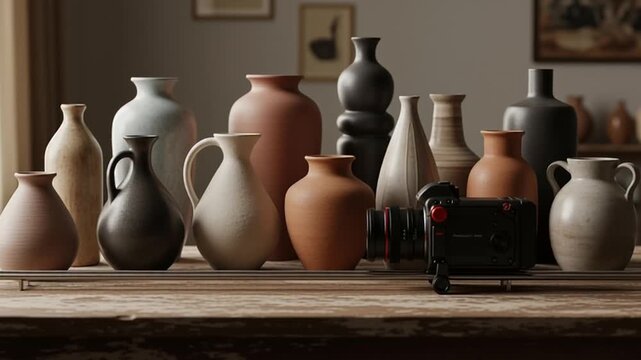 A collection of various clay vases and pottery on a wooden table in a cozy room with natural light