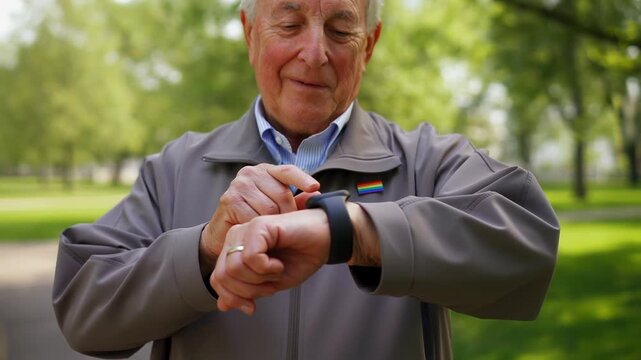 Senior man checking his smartwatch while standing in a sunny city park. Healthy aging and fitness tracking concept footage with inclusive LGBTQ+ pride pin.
