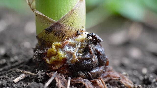 Rotting Plant Base with Insect Activity and Fungal Growth in Moist Soil