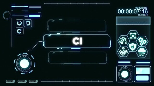 Futuristic User Interface with C I and Cyber Security on Dark Background with Glowing Blue Lines and Buttons