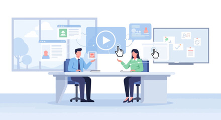 Two colleagues collaborating at a desk with digital screens and multimedia content