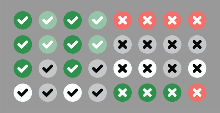 Grid of checkmark and cross icons in various colors and styles for selection, confirmation, or error states