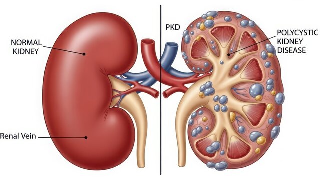 Comparison of normal kidney and kidney affected by polycystic kidney disease