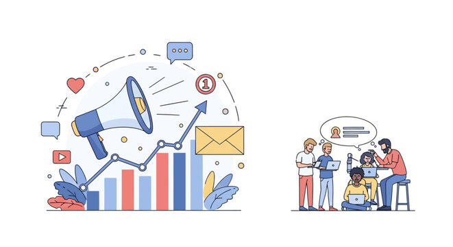 Business professionals analyzing data trends on a modern digital workspace with megaphone amplifying notifications and social media icons surrounding the team