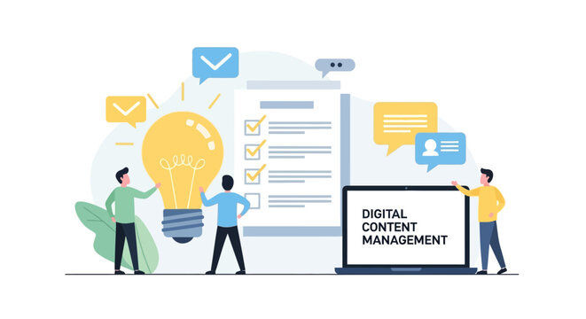 Three individuals collaborating on digital content management with documents and a large lightbulb