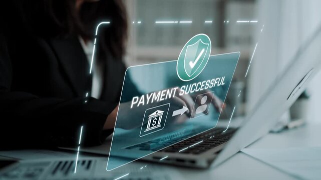 Successful transaction message showing secure payment. Payment confirmed, secured, payment processed, and payment completed with trust and transaction integrity. Marrow