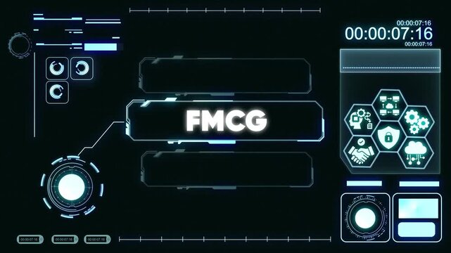 Futuristic F M C G Dashboard Interface with Glowing Blue Neon and Data Visualization on Dark Background for Business Technology and Innovation Concepts