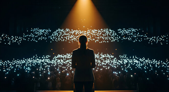 A female keynote speaker on stage in a golden spotlight facing a crowd, symbolizing leadership, influence, and public speaking success.