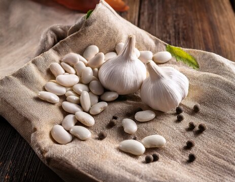 fresh white beans and garlic artfully arranged with peppercorns and rustic fabric