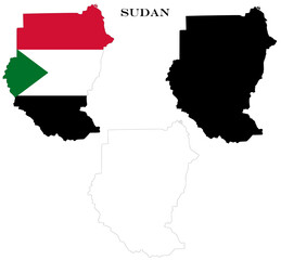 Fototapeta premium Sudan Country Maps Bundle with National Flag, Black Silhouette and Detailed Outline Contours