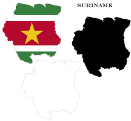 Fototapeta premium Suriname Country Maps Bundle with National Flag, Black Silhouette and Detailed Outline Contours