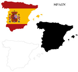 Fototapeta premium Spain Country Maps Bundle with National Flag, Black Silhouette and Detailed Outline Contours