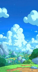 Fototapeta premium Bright sky above a lush, green valley with rolling hills and rocky outcrops.