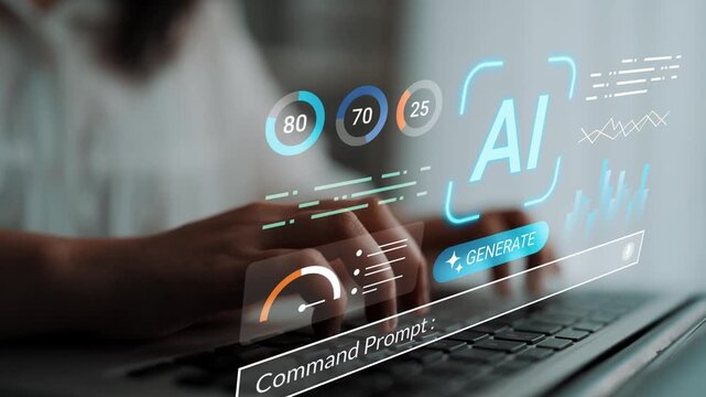 Hands typing on a laptop with digital graphics displaying AI concepts, data metrics, and command prompt interface in a modern workspace setting Gluon.
