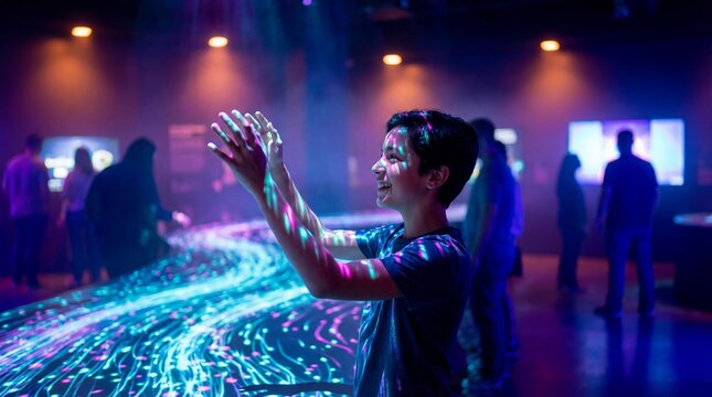 Joyful young boy interacting with a vibrant interactive floor display featuring flowing streams of light technology in a dimly lit immersive exhibit hall