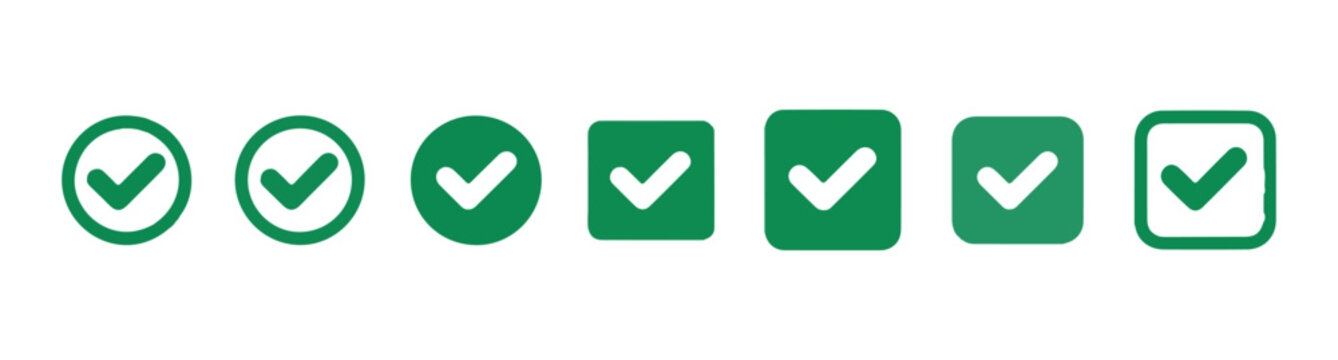 Set of seven dark green checkmark icons with outlines and fills, indicating validation and confirmation