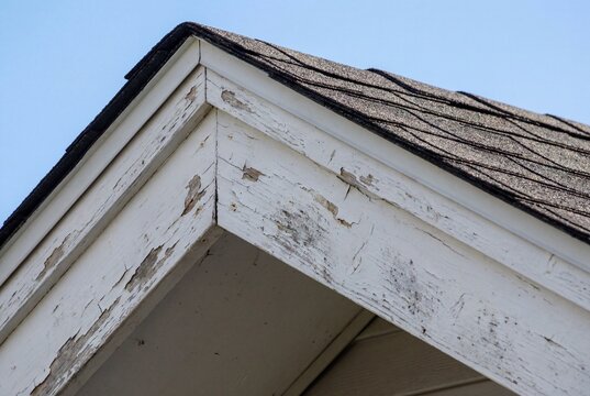 Peeling white paint on the wooden fascia and soffit of a house roof