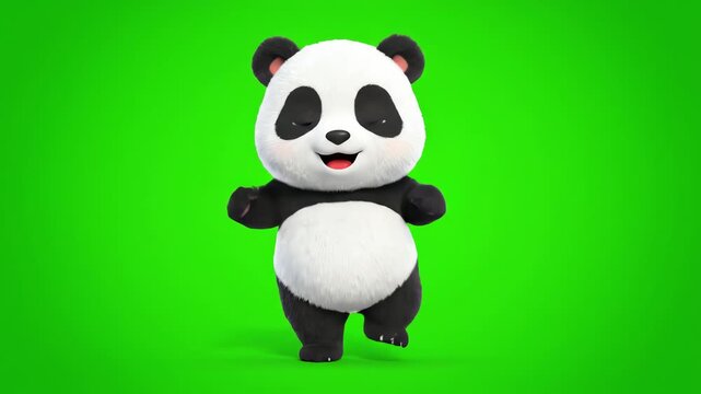 Playful cartoon panda bear character dancing on green screen
