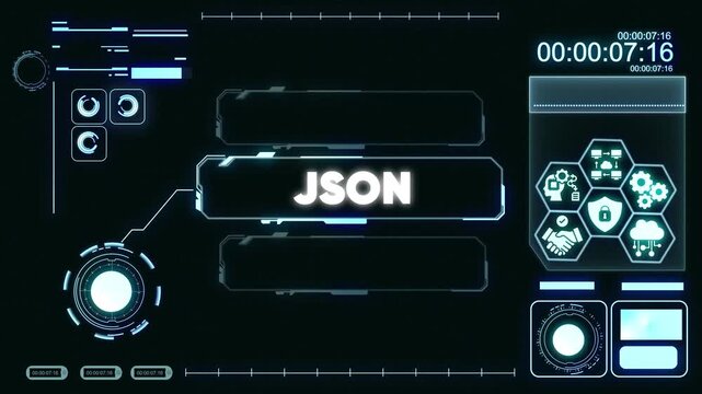 J S O N data visualization with futuristic interface and cybersecurity on dark background JSON