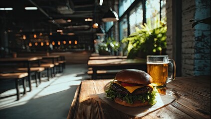 Fototapeta premium A delicious burger and cold beer sit on a wooden table in a restaurant.