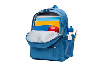 A blue backpack full of school supplies on transparent background