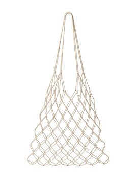 Empty natural cotton string mesh shopping bag, eco friendly net grocery tote on a transparent background