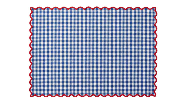 Blue and white gingham checkered cloth napkin with a red scalloped border on a transparent background.