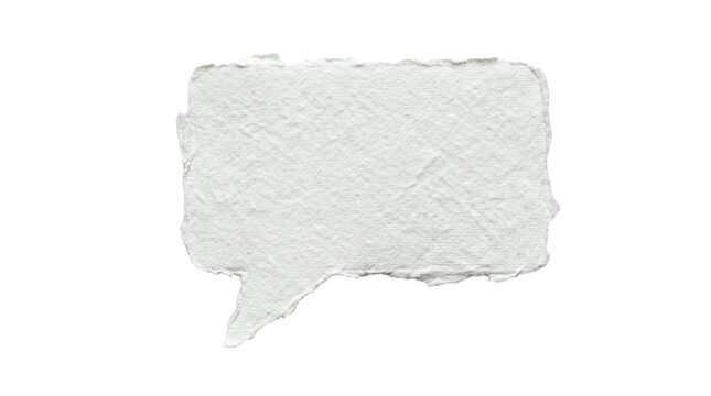 Handmade torn white paper shaped as a speech bubble, textured blank message note on a transparent background.