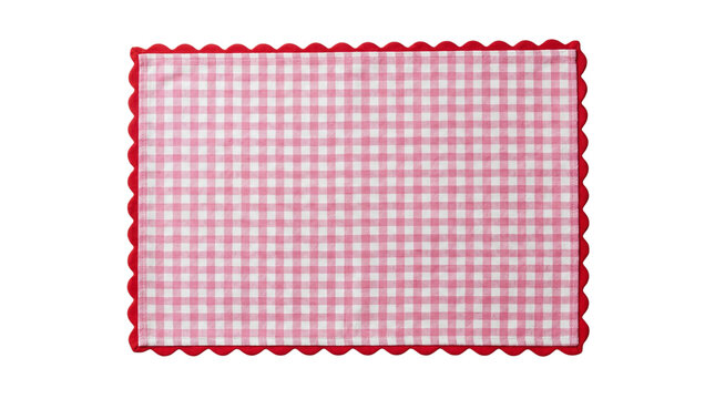 Pink and white gingham checkered cloth napkin with a red scalloped border on a transparent background.