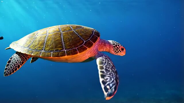 Deep sea turtle gliding smoothly through open water with slow flipper strokes, soft light gradients illuminating suspended particles drifting around,