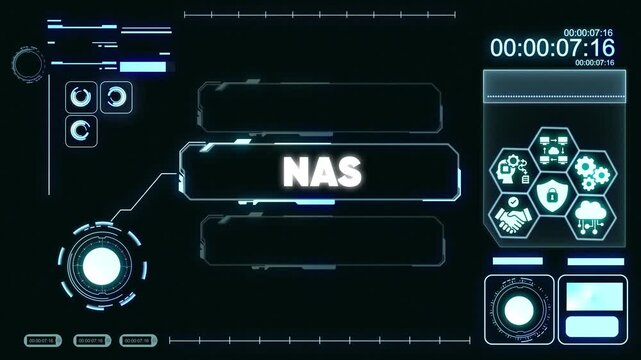 Futuristic N A S Network Attached Storage Interface with Glowing Blue Neon on Dark Background for Technology and Computing Concepts