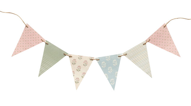 Festive party bunting banner with pastel patterned triangle flags hanging on a twine string, on a transparent background.