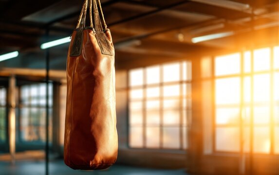 Vintage Boxing Bag Gently Swaying in Quiet Gym