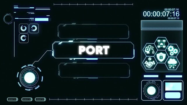 Futuristic Technology Interface with P O R T Label and Neon Blue on Dark Background for Cyberpunk or Sci- Fi Projects