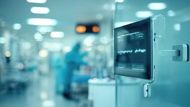 Digital medical display showing patient data in a modern hospital corridor