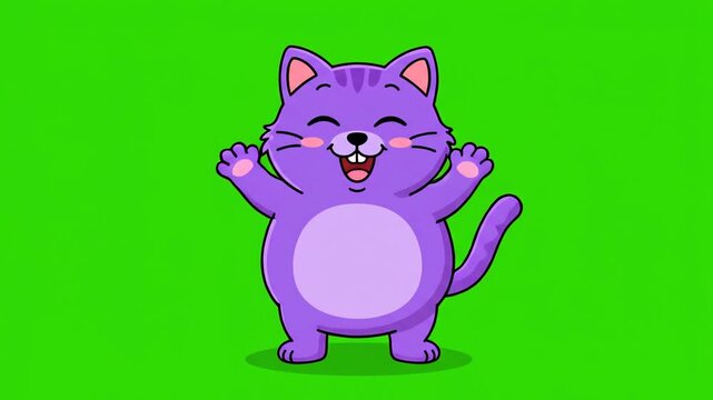 Happy purple cartoon cat waving hello, adorable animated character on green screen