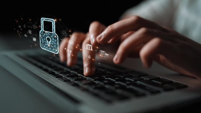 Cybersecurity protection system showing password encryption, fingerprint ID, cloud security, email, credit card, and database lock for secure data access Marrow