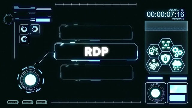 R D P Remote Desktop Protocol Interface Animation with Futuristic H U D and Cyber Security on Dark Background