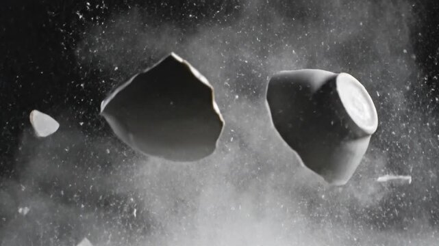 Ceramic Teapot Explodes into Fragments Mid-Air, Dust and Debris Flying