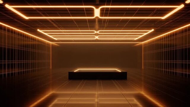Futuristic neon grid stage glowing orange light abstract background digital rendering empty platform