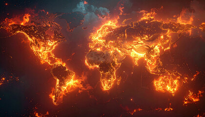 Global map on fire with bright orange and yellow continents and infernal flames licking the edges against a dark sky