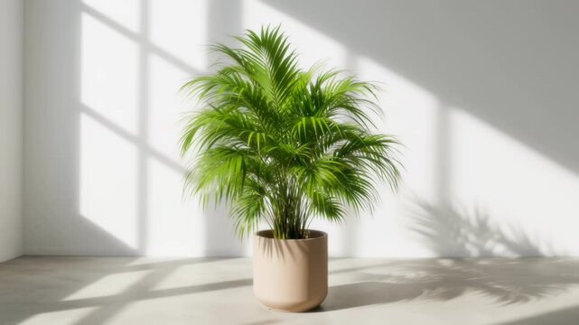 Static shot of vibrant Areca palm plant with moving sunlight shadows